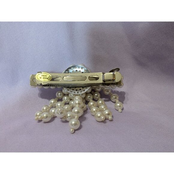 Elegant Faux Pearl Hair Clip With Dangling Beads & Rhinestone Accent - Picture 2 of 3